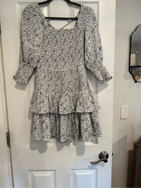Smocked Ruffle Tiered Floral Mini Dress - Blue & White